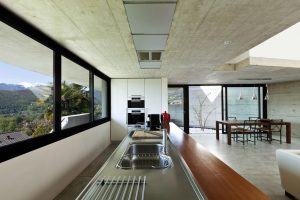 large kitchen with with aluminium sliding doors