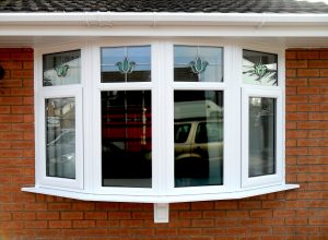 upvc bay window with floral glass