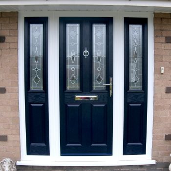 Black composite door with side panels and white upvc frame