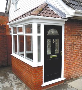 Side porch white upvc porch with black composite door