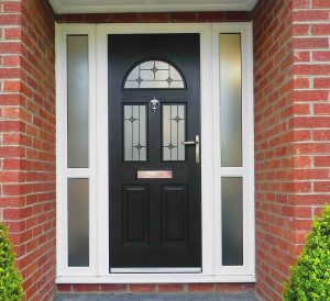 two window black Composite Door with white upvc frame and side panels