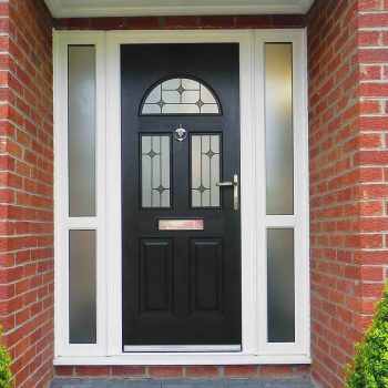 two window black Composite Door with white upvc frame and side panels