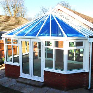 victorian conservatory with blue glass roof