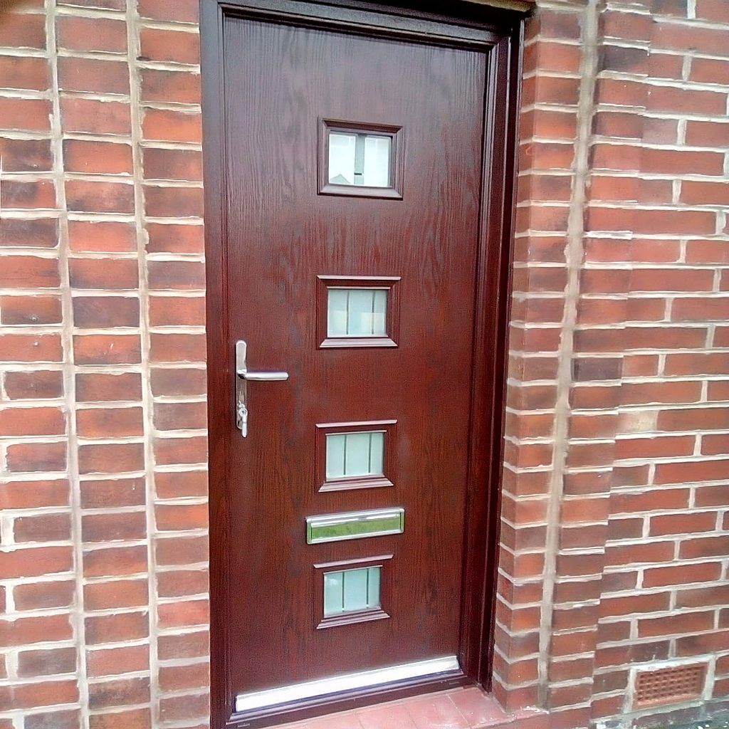 Composite New Doors Oak Brown With Espirit Four Glass Design